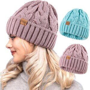 Women's Pink Green 2 Packs Stylish Winter Warm Knitted Beanie Skull Hat Cap